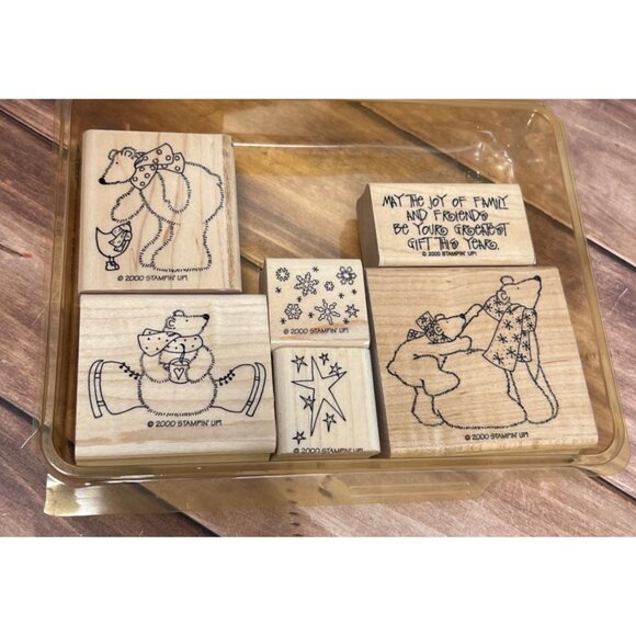 2000 STAMPIN' UP! POLAR BEARS WOOD MOUNTED RUBBER STAMP SET OF 6 HOLIDAY - Picture 4 of 5